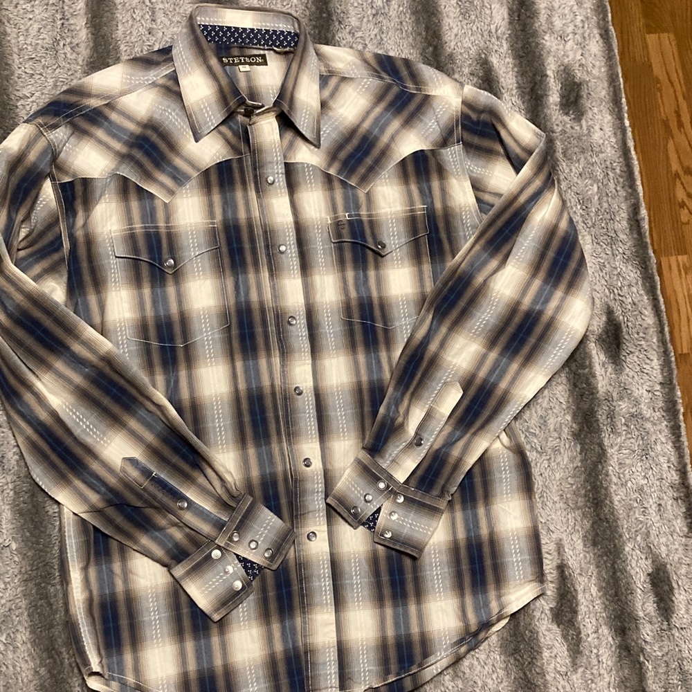 Stetson Men's Beige and Blue Checkered Shirt